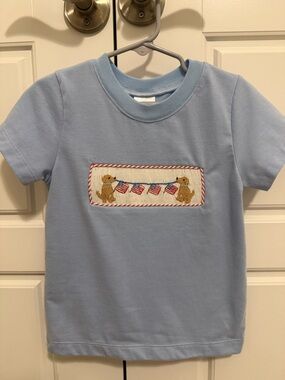 Smocked Light Blue Kids Short-Sleeve Tee with Embroidered Puppy & Flags